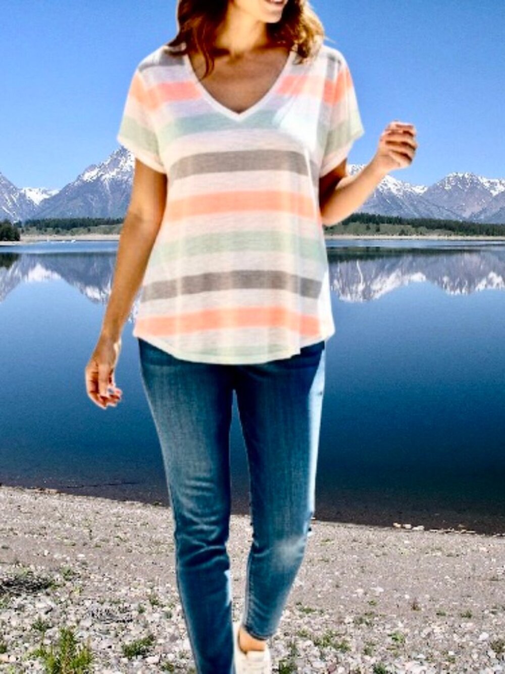 Gap Striped V-Neck Short Sleeve Tee Shirt Top Easy Comfort Womens Large